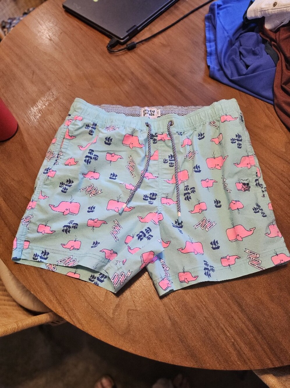 Party Pants Mint Green Swim Shorts Pink Whale Print "Moby Says Dont Be A Dick" L